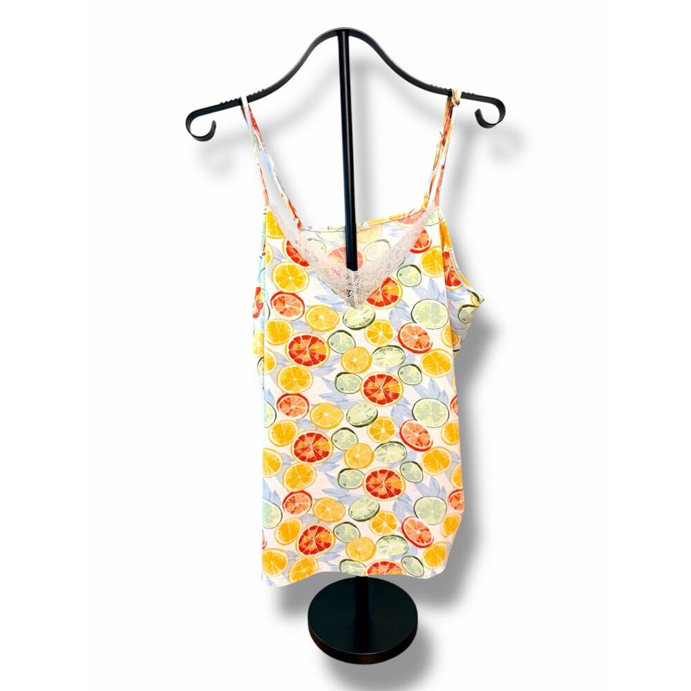 Citrus Fruit Print Lace Trim Camisole Tank Top XL Lemon Lime Grapefruit Summer
